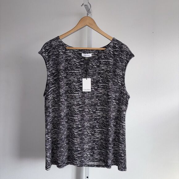Calvin Klein Womens Black & White Sleeveless Tank Top Size 2X NWT Keyhole Neck - Picture 1 of 10